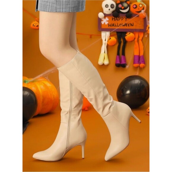 Allegra K Women's Pointed Toe Stiletto Heels Knee High Boots Nude Size 6.5 - Picture 2 of 7